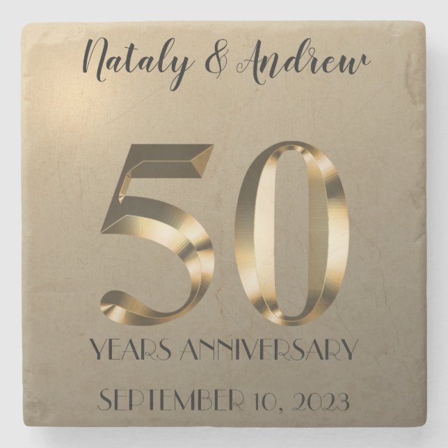 Dessous-de-verre En Pierre Anniversaire du 50e Mariage d'or métallique (Devant)