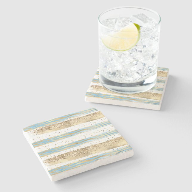 Dessous-de-verre En Pierre Aqua Blue Gold Parties scintillant Confetti Zebra  (Côté)