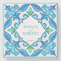Aqua Blue Talavera tuiles monogrammed mariage fave