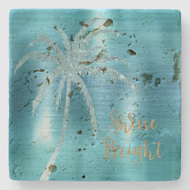 Dessous-de-verre En Pierre Aqua Glitz Parties scintillant Palm Tree Tropical (Devant)