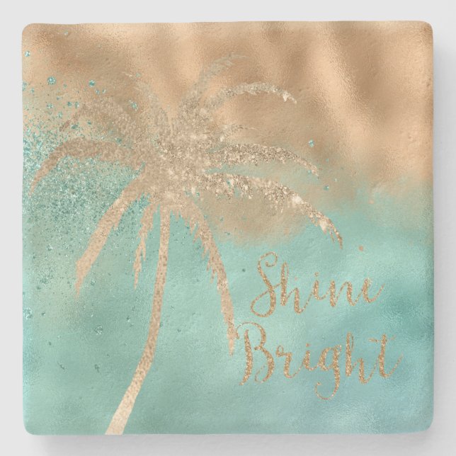 Dessous-de-verre En Pierre Aqua Gold Palm Tree Parties scintillant brillante (Devant)
