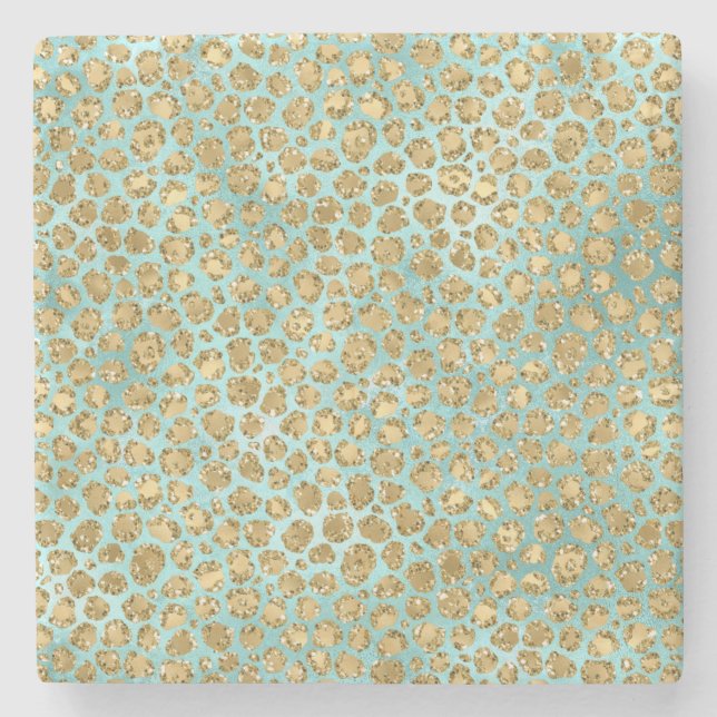 Dessous-de-verre En Pierre Aqua Mint Gold Glitz Parties scintillant Leopard (Devant)