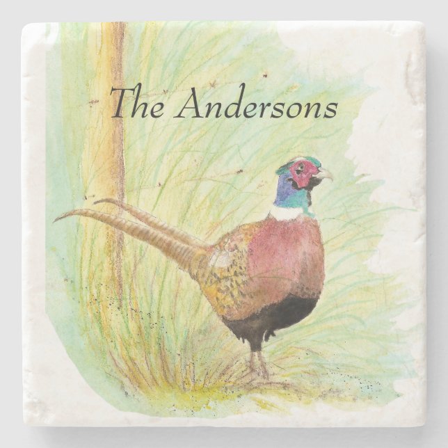 Dessous-de-verre En Pierre Aquarelle Anneau Caché Pheasant Bird Nom personnal (Devant)
