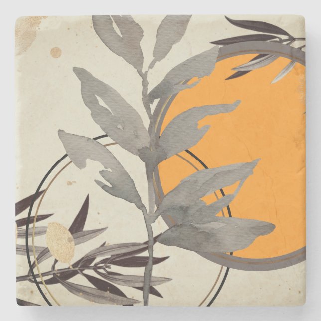 Dessous-de-verre En Pierre Aquarelle artistique Botanique | Orange et gris (Devant)