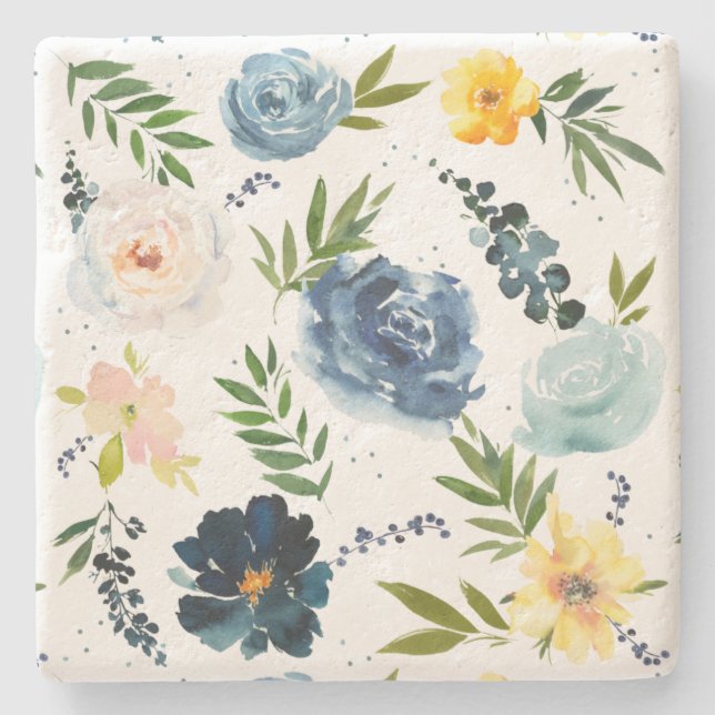 Dessous-de-verre En Pierre Aquarelle bleu rose Roses Motif (Devant)
