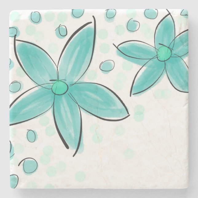 Dessous-de-verre En Pierre Aquarelle bleue turquoise motif floral (Devant)