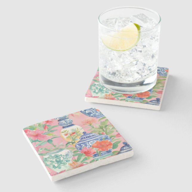 Dessous-de-verre En Pierre Aquarelle Chinoiserie Ginger Jars & Fleurs (Côté)