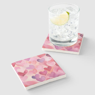 Dessous-de-verre En Pierre Aquarelle Coeur Motif Moderne Contemporain Rose