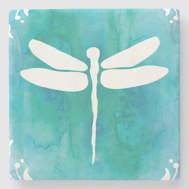 Dessous-de-verre En Pierre Aquarelle de libellule blanche Aqua Blue Dragonlie (Devant)
