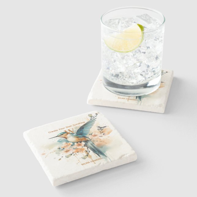 Dessous-de-verre En Pierre Aquarelle Élégant Monogramme De Colibri Avec Nom (Côté)
