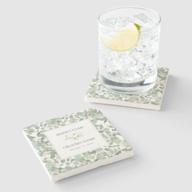 Dessous-de-verre En Pierre Aquarelle Eucalyptus Mariage de fleurs vertes (Côté)