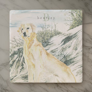 Dessous-de-verre En Pierre Aquarelle Fière Golden Retriever Chien Monogramme