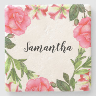 Dessous-de-verre En Pierre Aquarelle Fleurs roses couronne circulaire