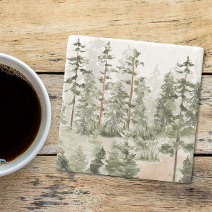 Dessous-de-verre En Pierre Aquarelle Forêt verte rustique