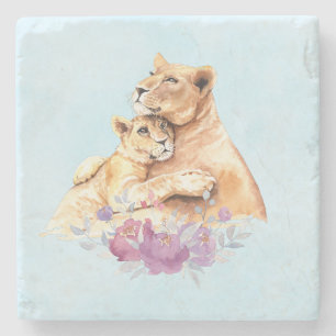 Dessous-de-verre En Pierre Aquarelle mignonne Mère Lion & Cub