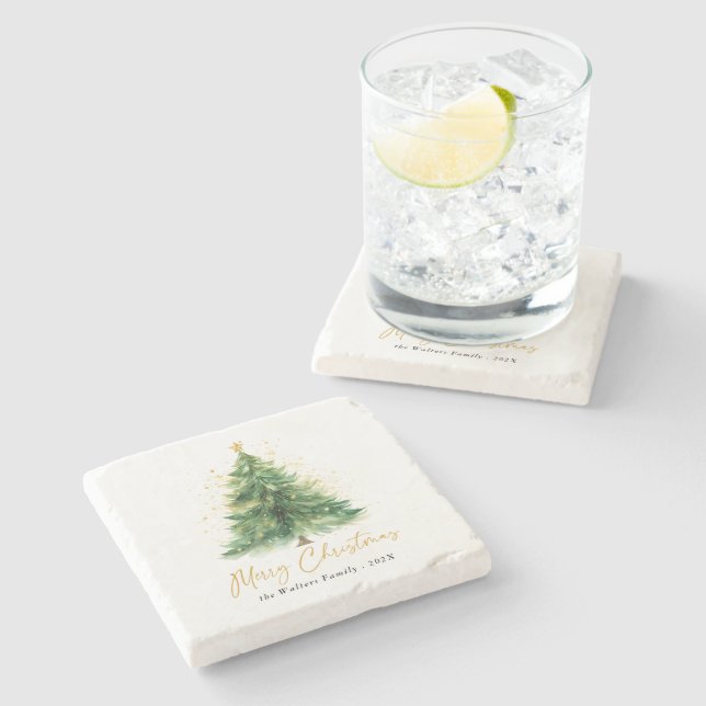 Dessous-de-verre En Pierre Aquarelle moderne Arbre de Noël Non photo (Côté)