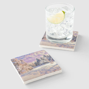 Dessous-de-verre En Pierre Aquarelle moderne des arbres enneigés colorés