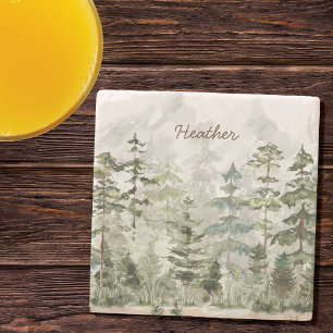 Dessous-de-verre En Pierre Aquarelle Monogramme Forêt de pins verts Montagne