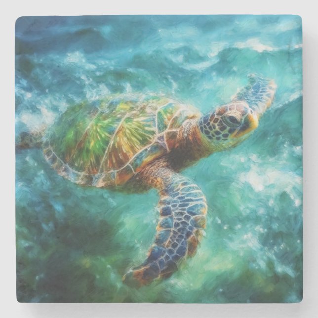 Dessous-de-verre En Pierre Aquarelle Natation Tortue de mer (Devant)
