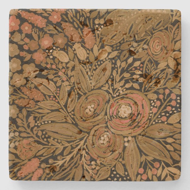Dessous-de-verre En Pierre aquarelle, noir brun floral, noir motif (Devant)