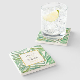 Dessous-de-verre En Pierre Aquarelle Palm Feuille Mariage Date Cadeau
