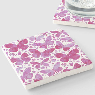 Dessous-de-verre En Pierre Aquarelle papillon Magenta Rose