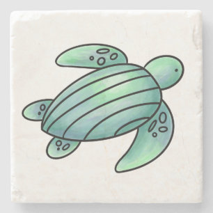 Dessous-de-verre En Pierre aquarelle peinte caricature de tortue de mer bleu 