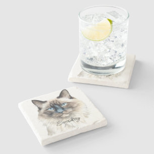 Dessous-de-verre En Pierre Aquarelle personnalisée Balinese Pet Nom de la pho