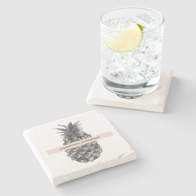 Dessous-de-verre En Pierre Aquarelle rose et gris ananas | Votre nom (Côté)
