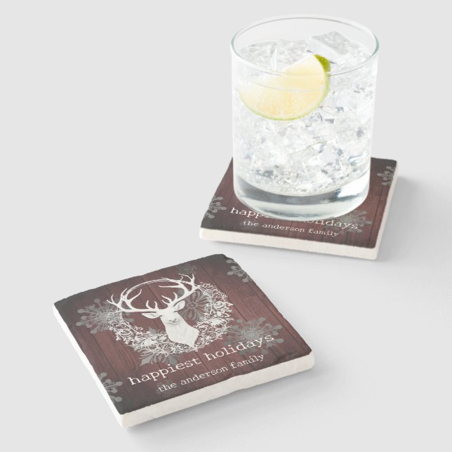 Dessous-de-verre En Pierre Aquarelle rustique renne blanc | Red (Côté)