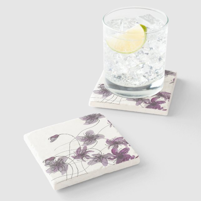 Dessous-de-verre En Pierre Aquarelle violette sauvage peinte à la main (Côté)