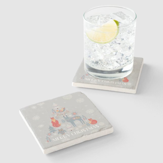 Dessous-de-verre En Pierre Arbre à neige scandinave gris renne (Côté)