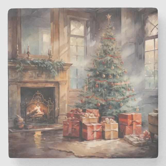 Dessous-de-verre En Pierre Arbre de Noël aquarelle (Devant)
