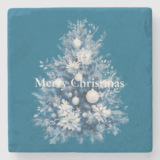 Dessous-de-verre En Pierre Arbre de Noël blanc bleu (Devant)