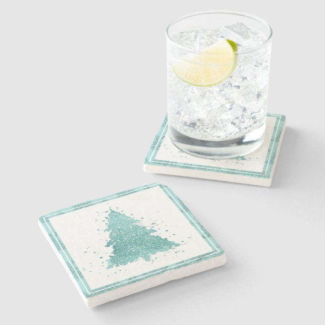 Dessous-de-verre En Pierre Arbre de Noël élégant | Luxe Aqua Mint Splatter (Côté)