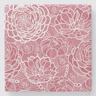 Dessous-de-verre En Pierre Arrière - plan bleu de motif de fleurs de dentelle