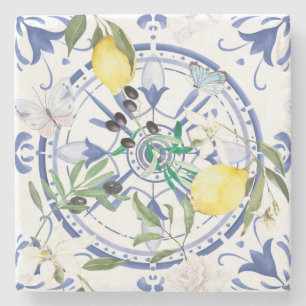 Dessous-de-verre En Pierre Arrondi, orné, tuile espagnole, méditerranéenne, c