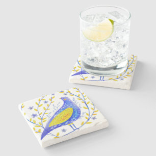 Dessous-de-verre En Pierre Art d'oiseau bleu et jaune à l'aquarelle moderne