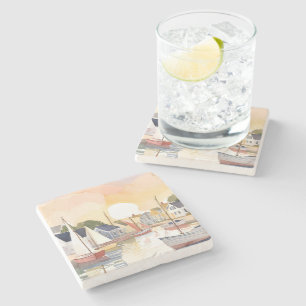 Dessous-de-verre En Pierre Baie des bateaux   Peinture aquarelle de l'océan c