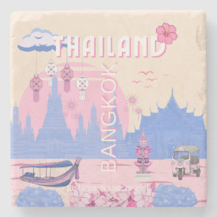 Dessous-de-verre En Pierre Bangkok Thaïlande Pastel Voyage Bleu Rose Art