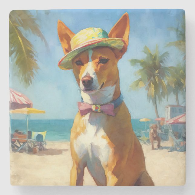 Dessous-de-verre En Pierre Basenji sur la plage, cadeau d'été pour les amoure (Devant)