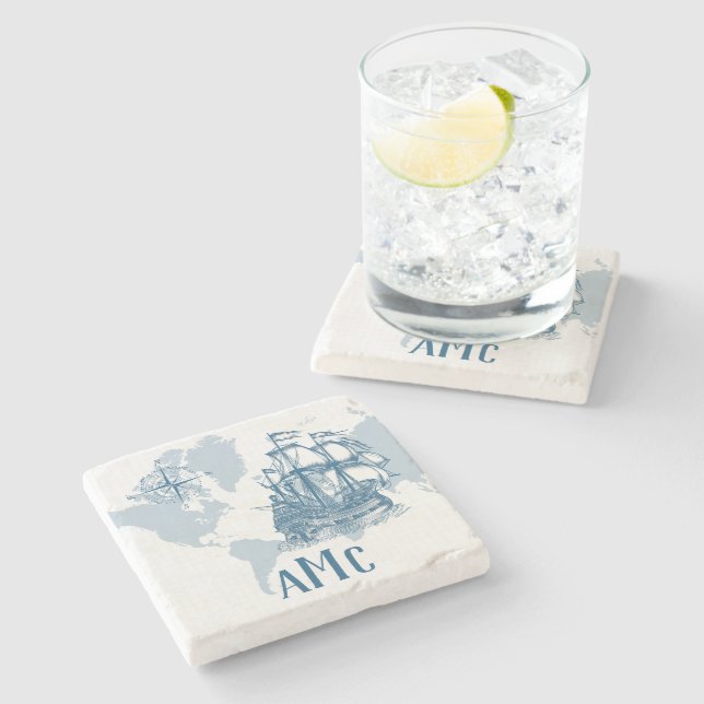 Dessous-de-verre En Pierre Bateau CustomSailboat avec Monogram Nautique (Côté)
