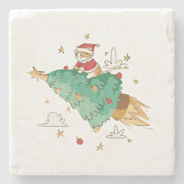 Dessous-de-verre En Pierre Bateau de Noël volant Père Noël Tree (Devant)