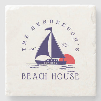Dessous-de-verre En Pierre Beach House Nautical boat Sunset navy blue