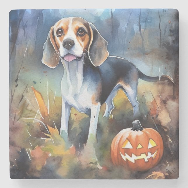 Dessous-de-verre En Pierre Beagle d'Halloween avec peur Citrouille (Devant)