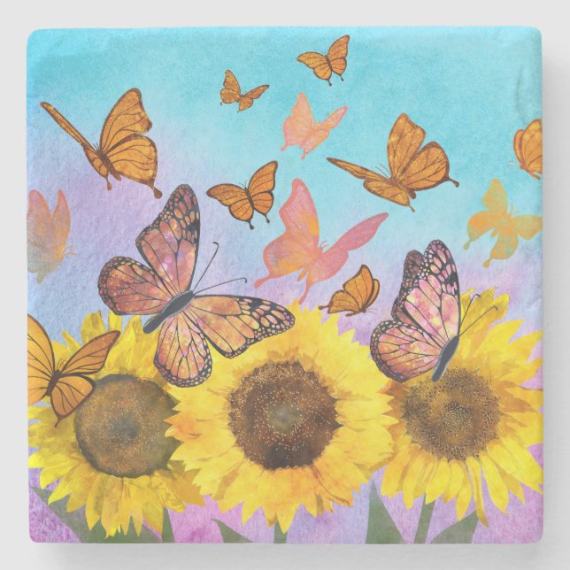 Dessous-de-verre En Pierre Beau Jardin aux fleurs de tournesol Papillons (Devant)