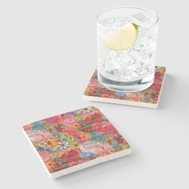 Dessous-de-verre En Pierre Beau motif floral Abstrait coloré brillant (Côté)