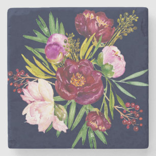 Dessous-de-verre En Pierre Beau vin violet et pivoines roses sur la marine