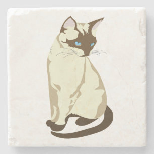 DESSOUS-DE-VERRE EN PIERRE BEIGE CUT ET CHAT BROWN AUX YEUX BLEUS