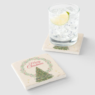 Dessous-de-verre En Pierre Beige et vert Minimaliste Élégant Joyeux Noël